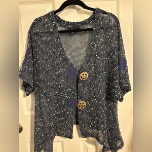 😍Kaktus Blue Speckled Knit Short-Sleeve Cardigan with Wooden Buttons Sixe XL